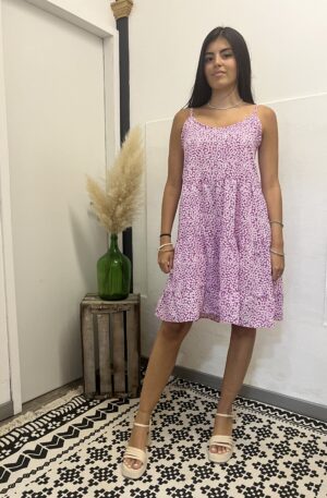 Vestido Floral rosa curto com alça ajustável, pormenor floral, elegante ideal para dia-dia e ocasiões festivas