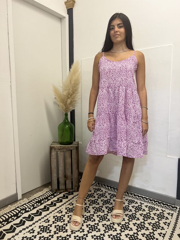 Vestido Floral rosa curto com alça ajustável, pormenor floral, elegante ideal para dia-dia e ocasiões festivas